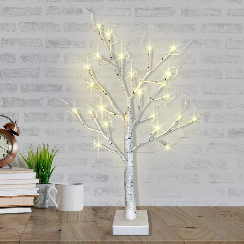 2-Pack Lighted Christmas Halloween Fall Tree Decorations Indoor, 2ft Birch Tree with LED Lights, Small Tabletop Christmas Tree with Lights, Warm