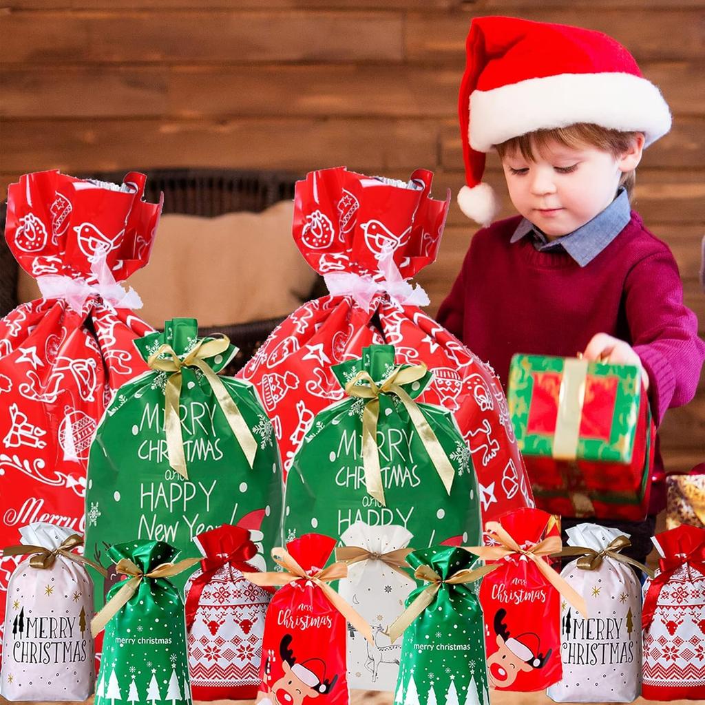 Funnlot Christmas Drawstring Gift Bags 32PCS in 7 Styles Christmas Wrapping Bags Xmas Treats Bags Christmas Party Favor Pouch Goody Sweet Treat Candy