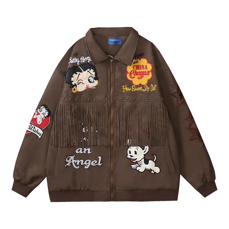 American Vintage Cartoon Embroidered Rivet Jacket Loose Fit Casual Couple Outerwear Men Women