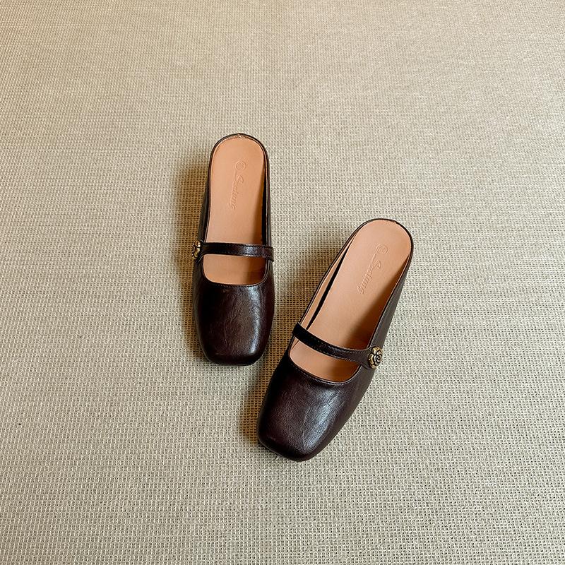 

Коровья кожа~ 6 см небольшой внутренний подъем квадратный носок одинарные туфли женские ретро ленивые туфли на одном педале сумка голова полушлепанцы 39