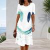 Women Plus Size Round Neck Short Sleeve Printed A Line Dress White Blue Mint
