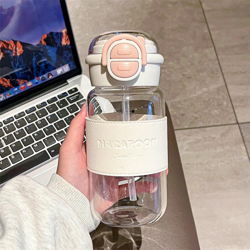 Double drink glass water cup for girls ins high value, temperature resistance and anti-scalding, cute light luxury, high-end feeling, cup with straw.