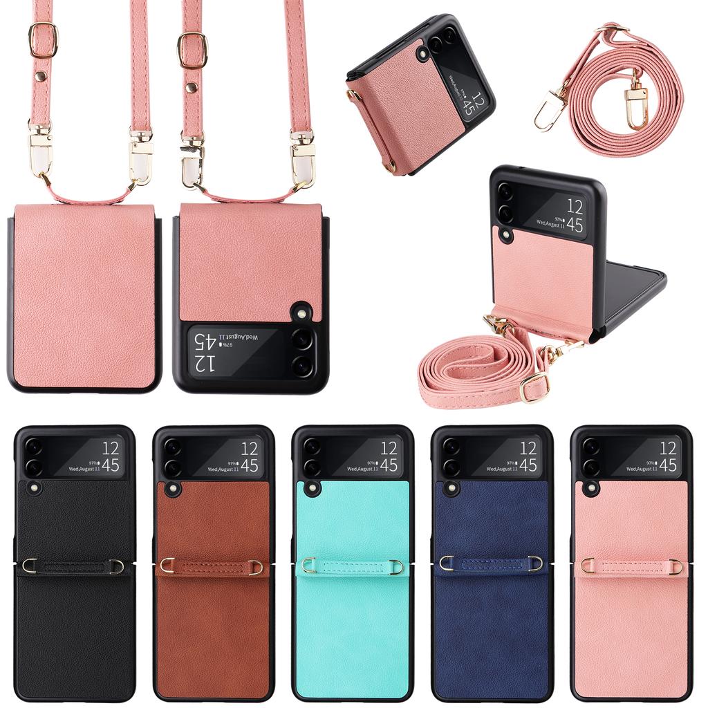 Fall Protection Phone Strap Leather Wallet Case For Samsung Galaxy Z Flip 4 5g Flip3 Flip4 Flip 3 Non -Fingerprint Folding Cover