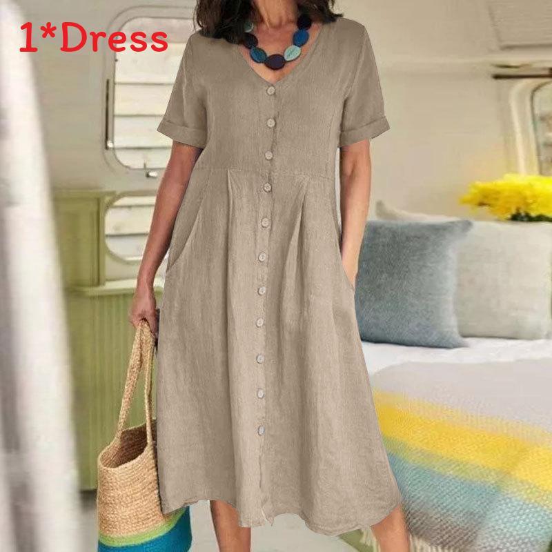 Summer Cotton Linen Dress With Pockets For Casual Streetwear Women