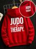 Kids hooded sweatshirt with bold Judo Is Therapy letter print on back, soft fabric, loose fit, great for sports training and daily casual outfits.