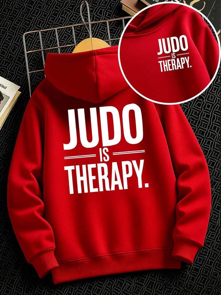 Kids hooded sweatshirt with bold Judo Is Therapy letter print on back, soft fabric, loose fit, great for sports training and daily casual outfits.
