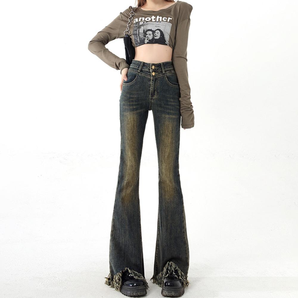 Retro Micro-pull Jeans Women's Autumn New High-waisted Burrs Flared Pants Niche Design Horseshoe Pants Tide