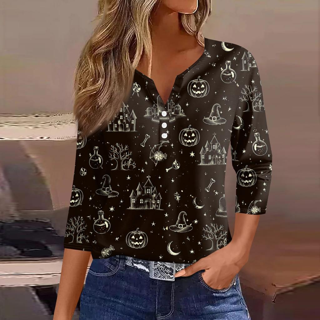 Women Casual Halloween Print V Neck 3/4 Sleeve Button Front Top Lightweight Soft Fabric Relaxed Fit Shirt