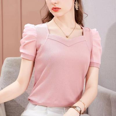 Damen Sommer Kurzarm Französisch Stil Puffärmel Bluse in Eis Seide T-Shirt