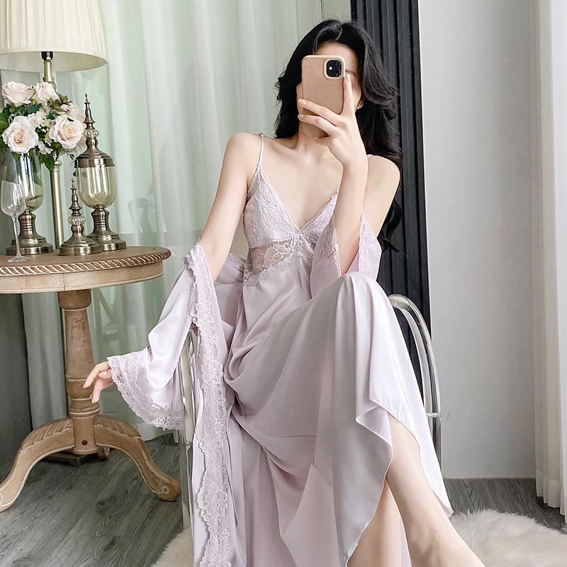 Ice silk pajamas women's spring and autumn high-end halter suspender dress nightgown set with chest pad sexy pure loungewear