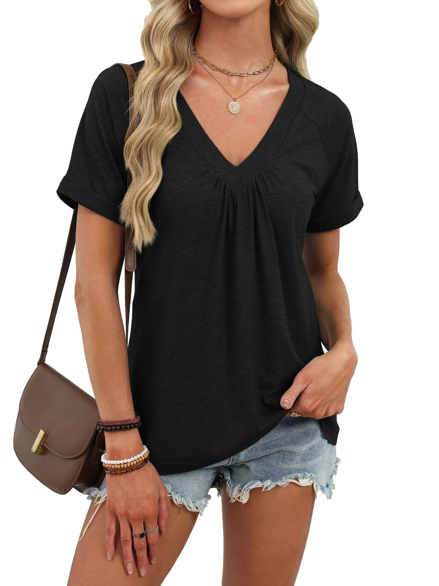 

European Style Women Clothing Spring and Summer Solid Color V-Neck Casual Pleated Short Sleeve T-Shirt XXL чёрный