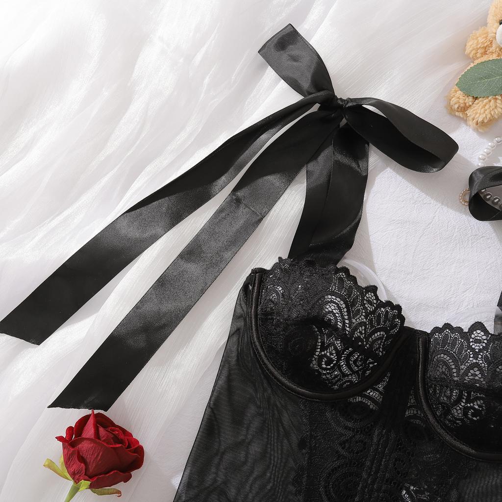 Lenjerie de vară cu broderie de flori din dantelă pentru femei, corset strâmt, sexy, din plasă respirabilă, modelatoare cu balene, cu fundă, bretele sling, topuri cu decolteu jos