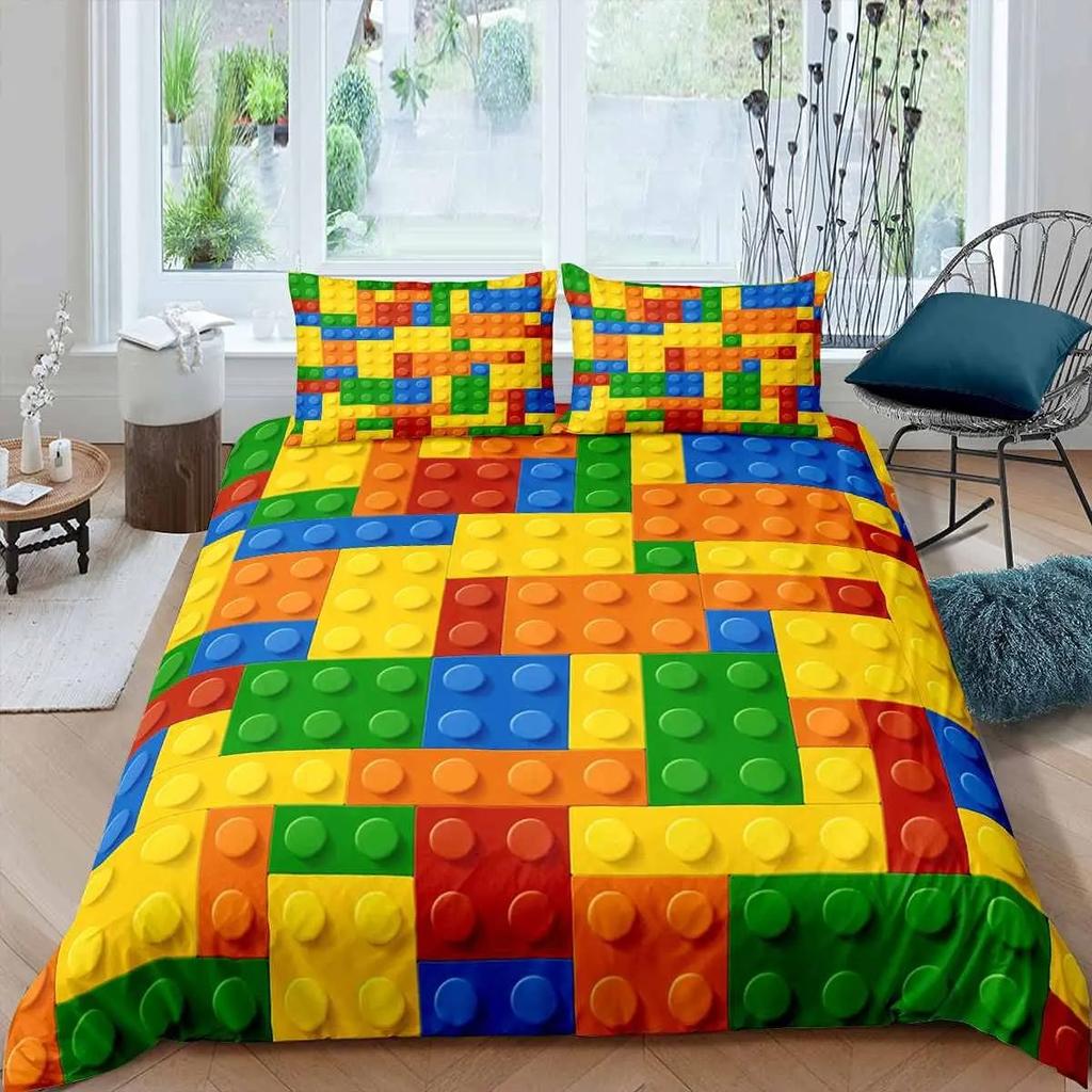 3D Building Block Pattern Duvet Cover Set Boys Girls Bedroom Fun Brick Printing Bedding Set Geometric Rectangle Comforter Cover