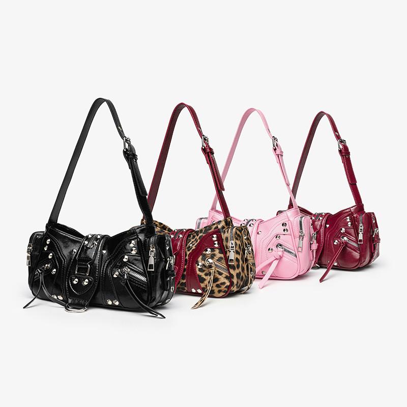 Pu Leather Leopard Print Crossbody Bag With Rivets And Tassels For Daily Use