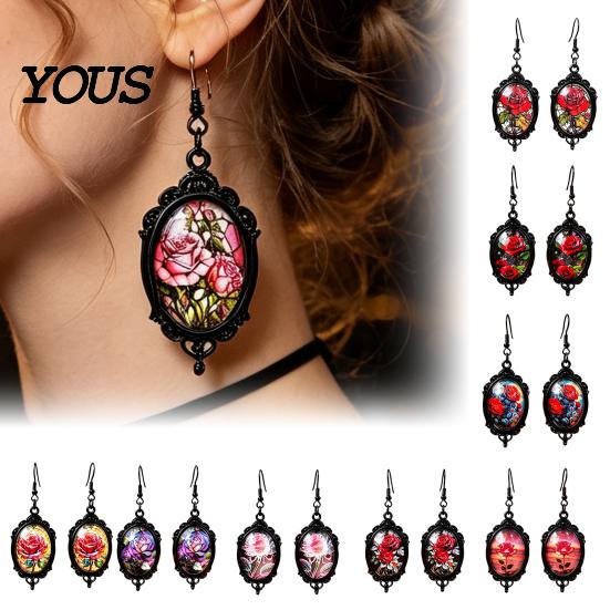 Gothic Earrings for Women 1 Pair Halloween Flower Earrings, Matte Black Oval Alloy Vintage Dangle Lightweight Stained Glass Rose Patterns Jewelry