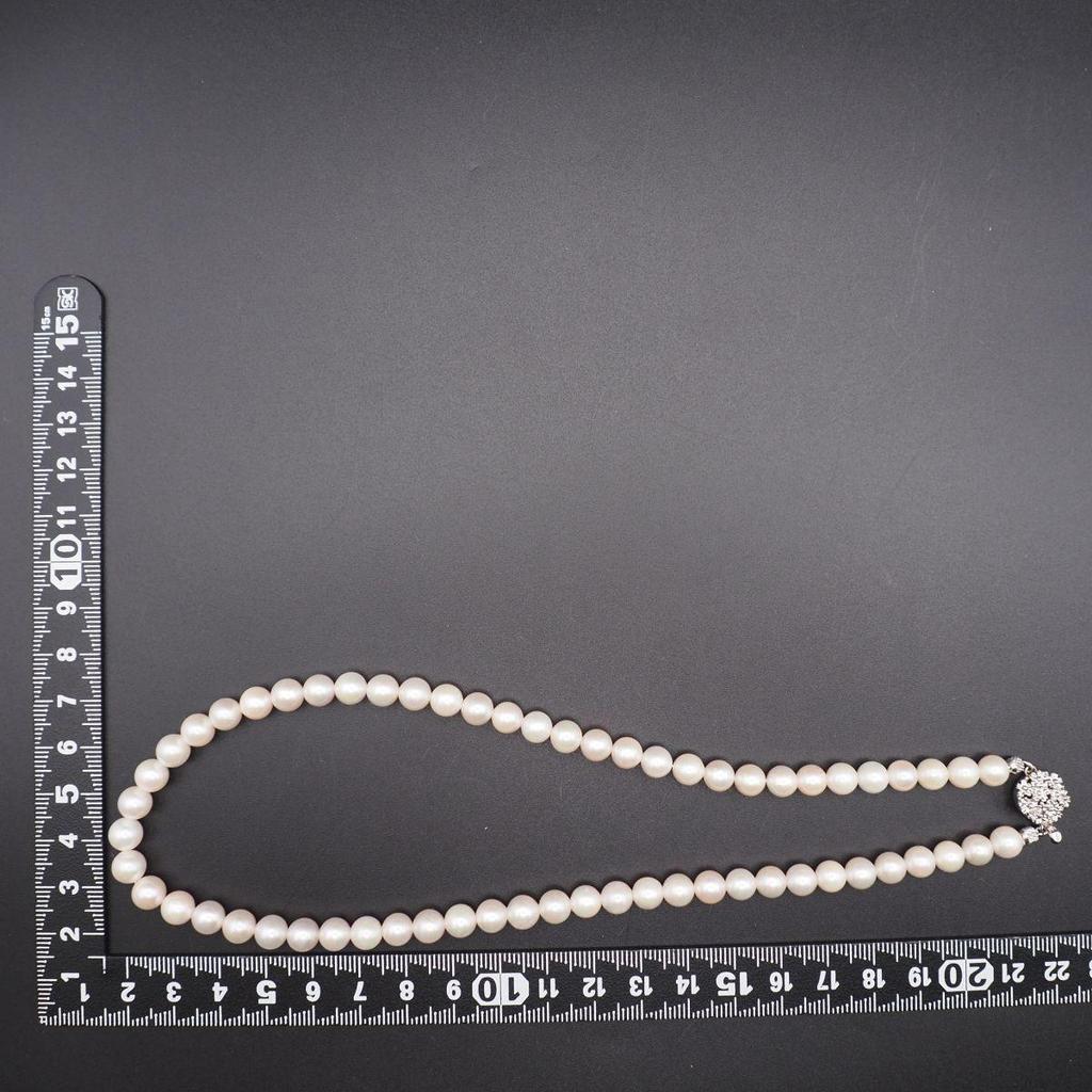 Used V342 Genuine Pearl 6.7mm Pearl SILVER Engraved Necklace Design Silver June Birthstone