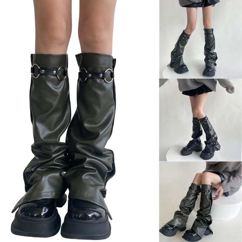 Women Punk Buckle Leather Leg Warmers Harajuku Grunge Leg Socks Side Buttons Wide Baggy Boot Covers Gaiters Streetwear