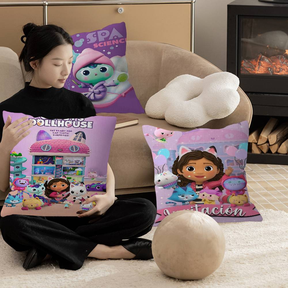 K-Kids G-Gabbys D-Dollhouse Pillow Covers Cartoon Sofa Decorative Home Double-sided Printing Short Plush Cute Cushion Cover