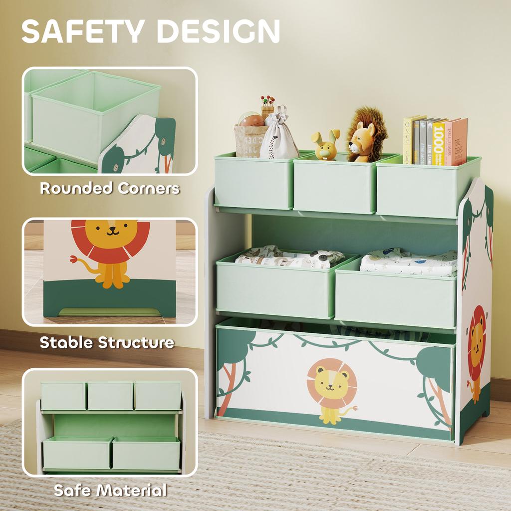 Spielzeug-Aufbewahrungseinheiten für Kinder, 3-stufiges Spielzeug-Organizer-Regal mit 6 herausnehmbaren Boxen für Kinder, Schlafzimmer, Spielzimmer, Grün