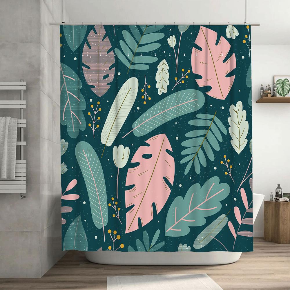 Decorative Shower Curtain Green Leaves Pattern Bath Mat Waterproof Fabric for Bathroom Decorations in Pink Blue Colors Easy Inst