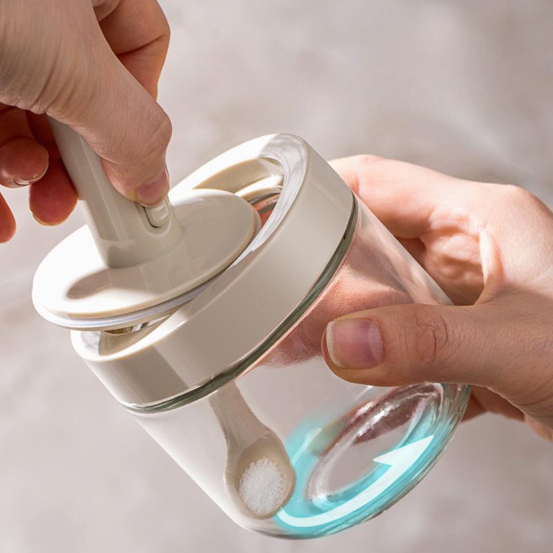 1pc Glass Seasoning Bottle With Telescopic Spoon Household Kitchen Salt Storage Box Leak Proof and Moisture-proof