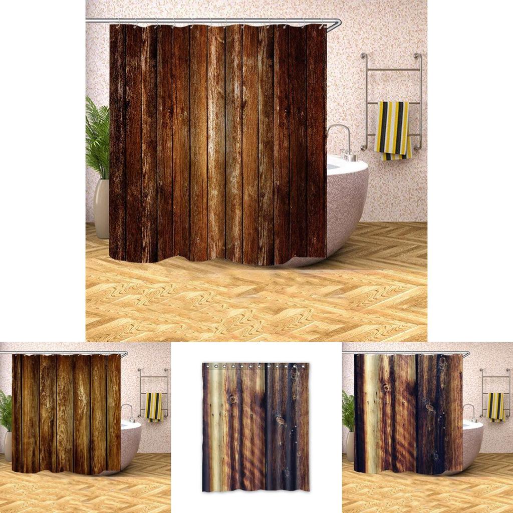 Rustic Curtain Shower Wood Barn Door Pattern Bath Curtain Waterproof With Hooks