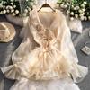 3D Floral Beach Short Dress Female Long Sleeves Lace Up Ruffle Chiffon Cake Sundress Sheer Sexy Vintage Bohemian Dress