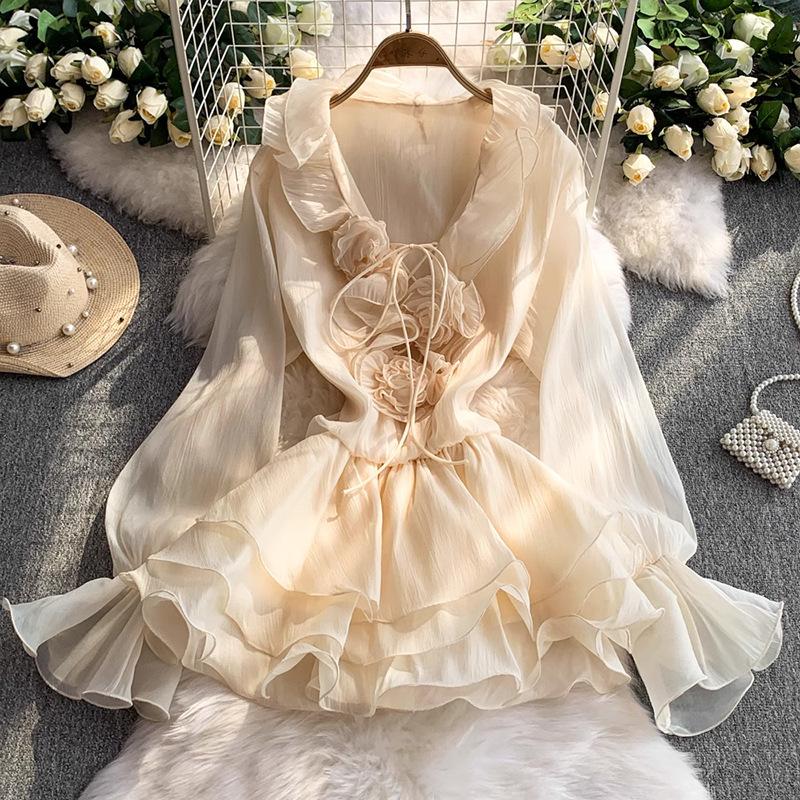 3D Floral Beach Short Dress Female Long Sleeves Lace Up Ruffle Chiffon Cake Sundress Sheer Sexy Vintage Bohemian Dress