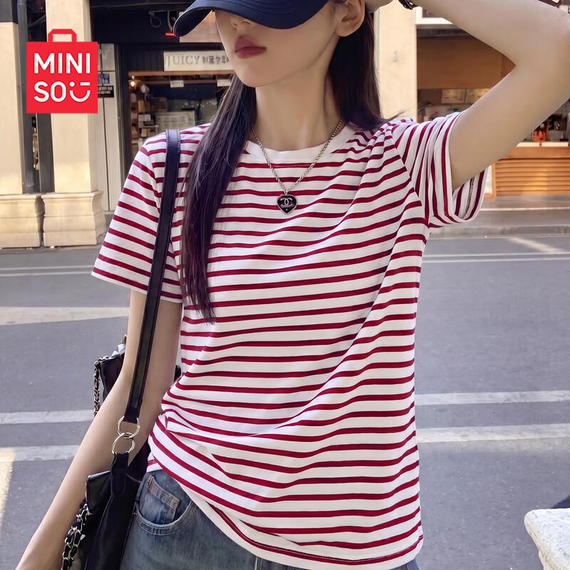 MINISO Women s Striped Cotton Loose Fit T-Shirt L