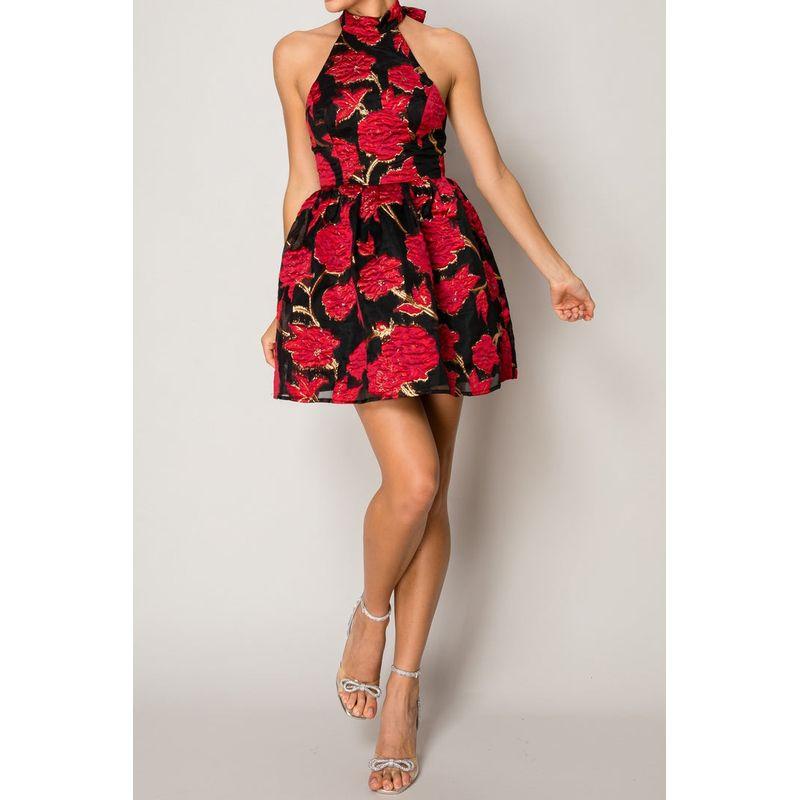 

Foreign Trade Order Lady Personality Fashion Summer New Strap Hanging Neck Backless Gyaru Slimming Big Hemline Bright Silk Dress Red L