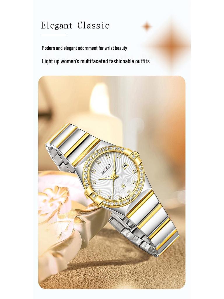 SANDA Women's Waterproof Luminous Quartz Watch with Sunray Dial and Diamond Set Markers