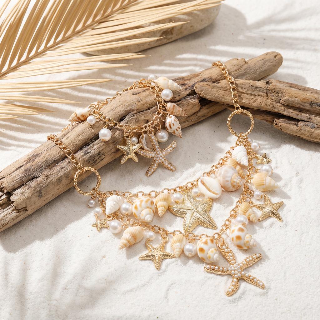 Exaggerated Starfish Pendant Necklace for Women Shell Conch Imitation Pearl Chain Bracelets Summer Beach Vacation Jewelry Gift