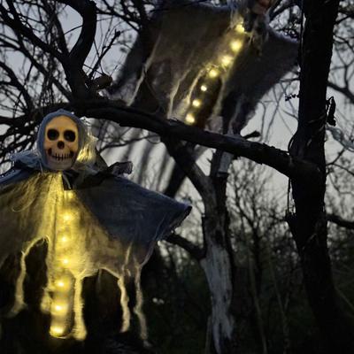 Halloween Sensenmann zum Aufhängen mit LED-Licht, gruselige Außendekoration, Skelett, fliegende Geister, Spukhaus-Requisite, Halloween-Partyzubehör