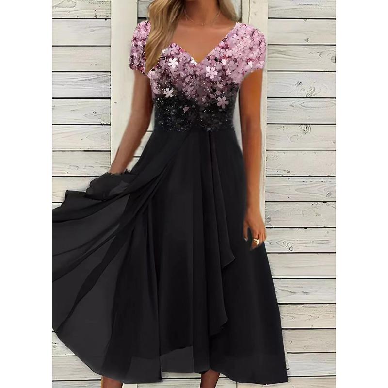 

JPNTKY Fashion Summer Spring Short Sleeve V-Neck Casual Dresses S