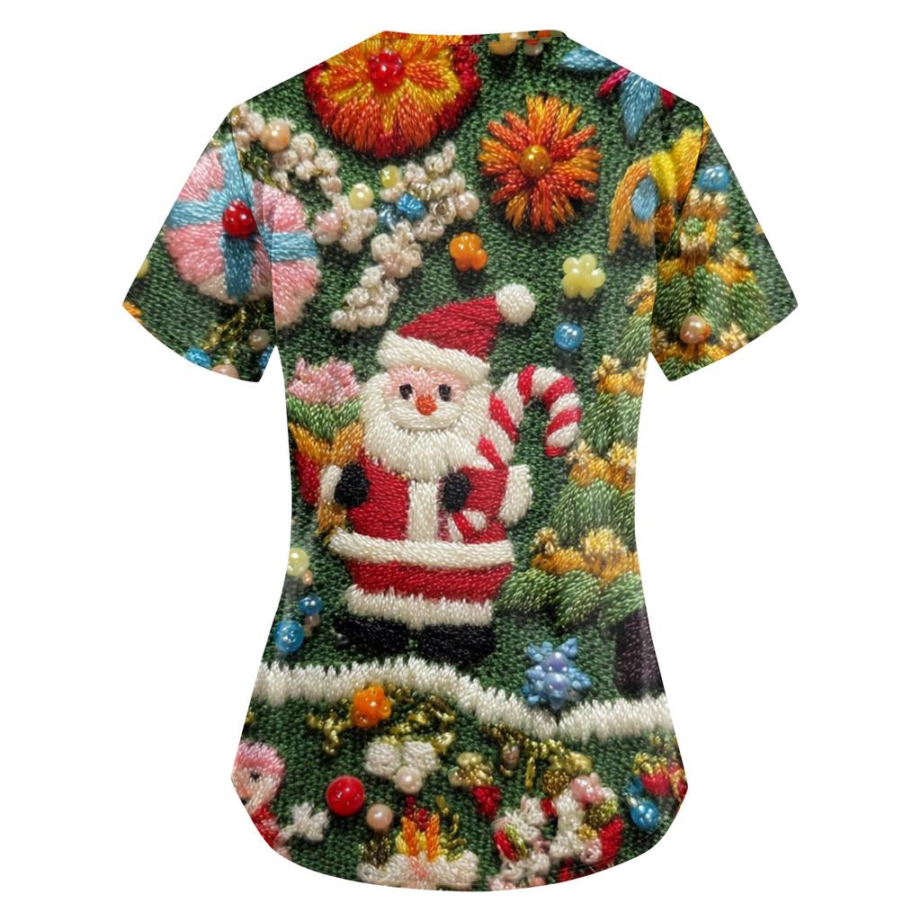 Women's Fashion V-Neck Short Sleeve Overalls With Pockets Christmas Printed Tops  Clothes