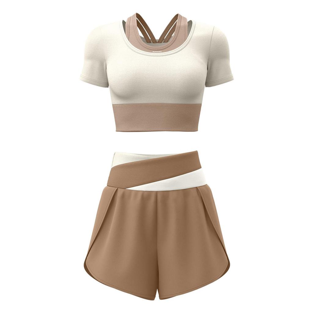 Juyitang Summer Color Block Two-Piece Yoga Suit with Short Sleeves