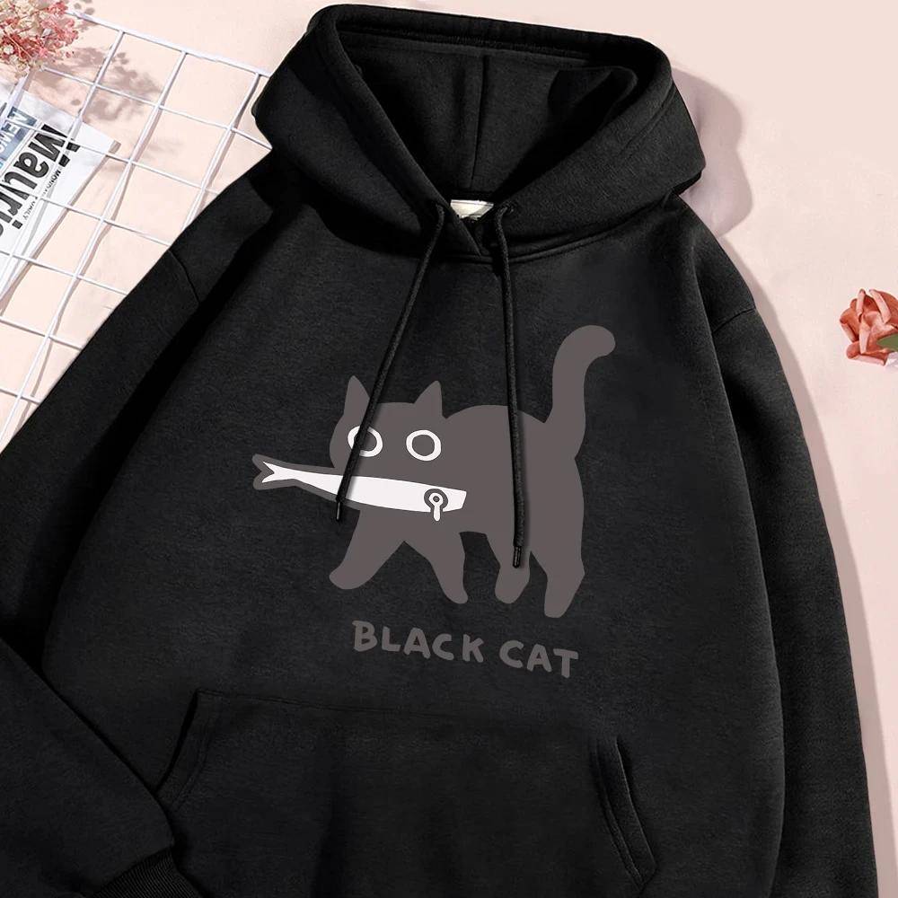 Women's Fun A Black Cat Eating Fish Hoody Women Harajuku Fashion Sweatshirt Loose Oversized Streetwear Hoodies
