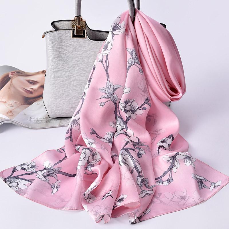 Women 100% Real Silk Long Scarf Luxury Flower Print Chinese Silk Headband Scarves  Natural Silk Shawls Wraps Foulard Femme