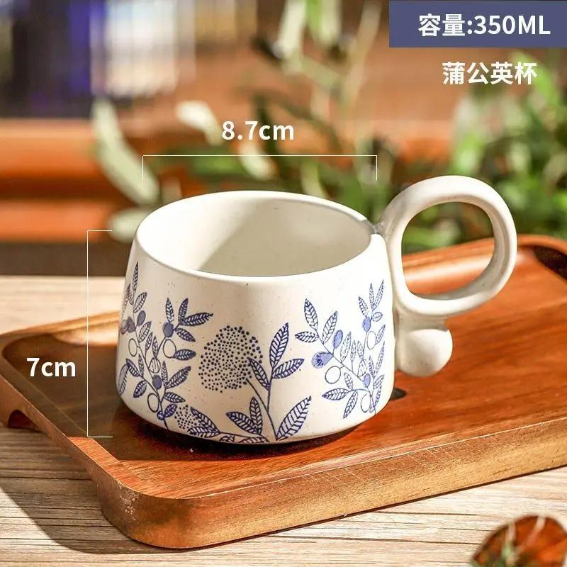 Retro Keramik Kaffeetasse Kreative Doppelhenkel Blaue Gemusterte Tasse Exquisite Nachmittagstee Blumentee Tasse Heim Frühstückstasse Neu