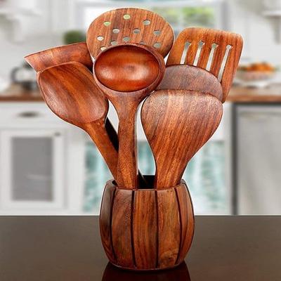 Wooden Barrel Shape Spoon Holder with 7  Spoons Kitchen Utensil Organizer Spatula with