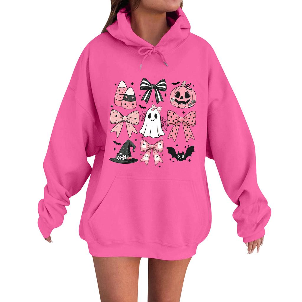 Women's Casual Fashion Comfortable Round Neck With Hood Long Sleeve Halloween Print Warm Sweatshirt