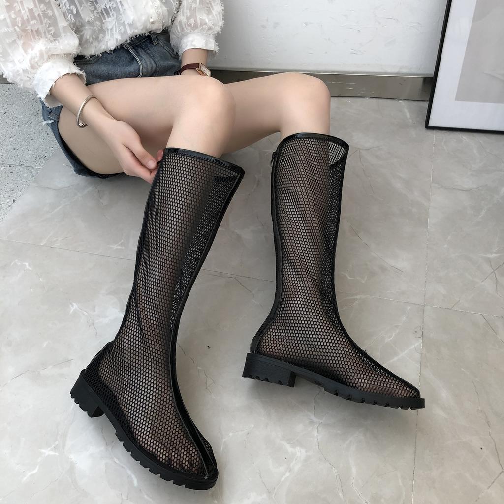 Fashion No Inner Cool Boots Summer New Round Head Mesh Breathable Back Zipper Anti-slip Wear-resistant Square Heel Mid-calf Boots