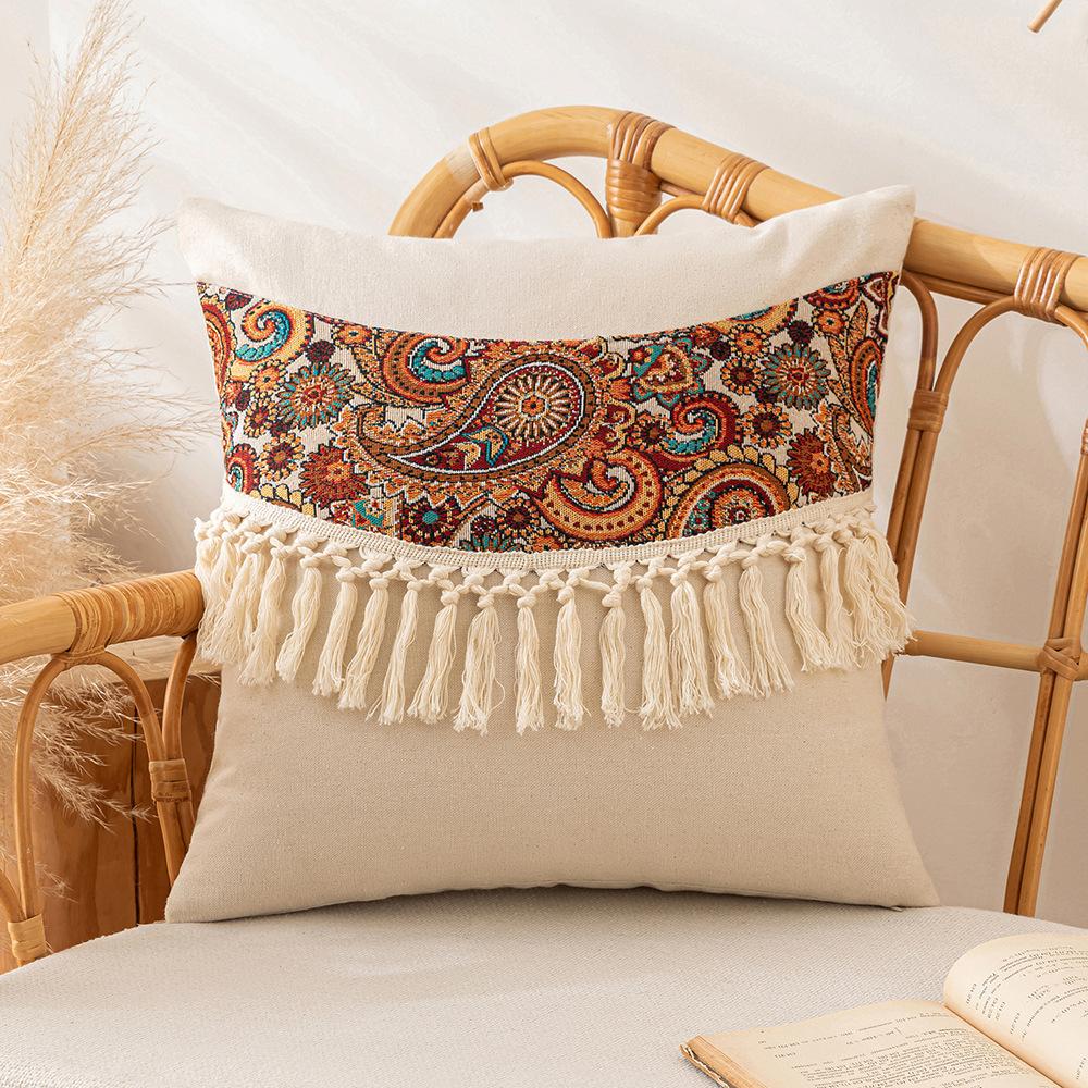 

Ретро наволочка с кисточками Пасторальный стиль Пэчворк Подушка для гостиной Подушка-сиденье на диван Лампа Роскошная жаккардовая подушка 45 * 45Cm without core