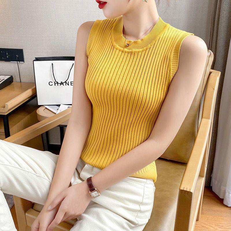 Women's Round Neck Sleeveless Knitted Camisole Tank Top - Ice Silk Summer Base Layer Top