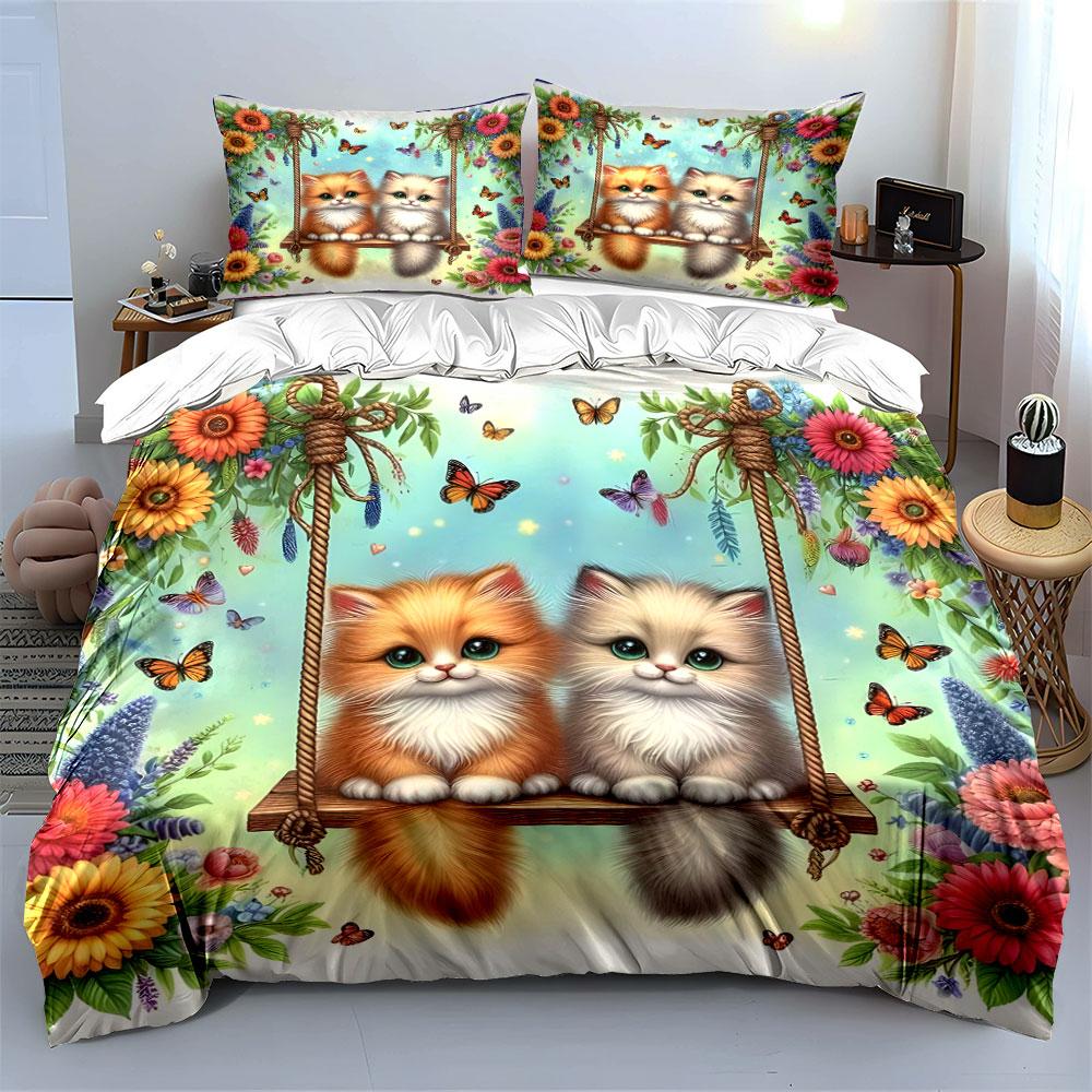 Two Cats On A Swing Amidst Flowers Duvet Cover Set With 3D Printing Design Soft Polyester Bedding Set All-Season Comfort