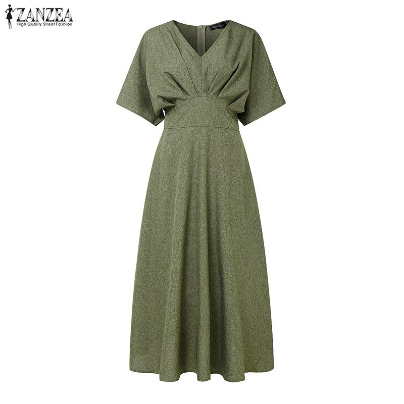 ZANZEA Women Summer V-Neck Casual Short Sleeve Slim Waist Dress