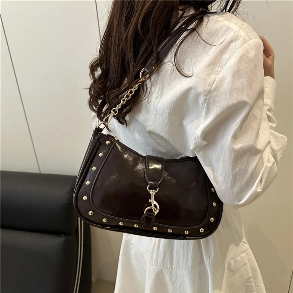 Casual PU Women Shoulder Bag Large Capacity Water-Resistant Crossbod Bag with Hook Lock Metal Rivet Decoration Underarm Bag