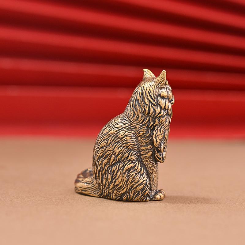 Maine Coon Small Figurine Polished Brass Mini Animal Cat Statue Portable Desktop Ornament for Travel Bag Pendant Desk Decor Gift