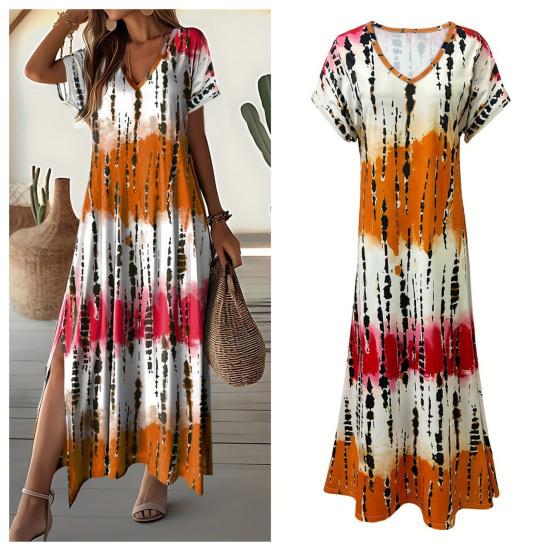 Women Summer Dress V-Neck Short Sleeve Side Slit Design Maxi Dress Tie