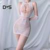 Ensemble de couverture de manches de chemise de nuit sexy évider dentelle élastique transparente maigre couleur unie douce ultra courte épaule dos nu séduisant pornographique